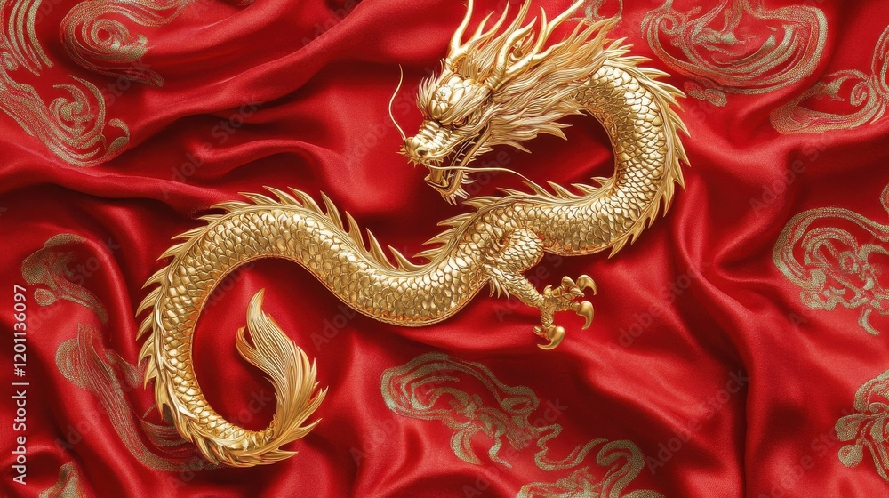 Fototapeta premium A golden dragon graphic in a dynamic pose, printed on a red card with swirling patterns. The card is placed on a silk fabric background, enhancing its luxurious and festive appeal.