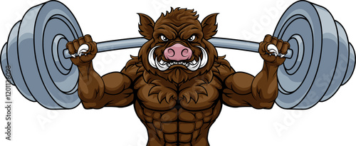 A boar razorback hog weight lifting gym animal sports mascot lifting a barbell