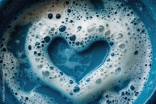 A bubbly heart shape surrounded by sudsy foam in a blue basin, captured from above. photo