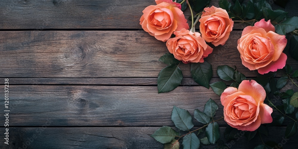 Delicate peach roses arranged asymmetrically on a dark rustic wooden table with green leaves enhancing the natural charm and warmth. Delicate peach roses arranged asymmetrically on a dark rustic wooden table with green leaves enhancing the natural charm and warmth.
