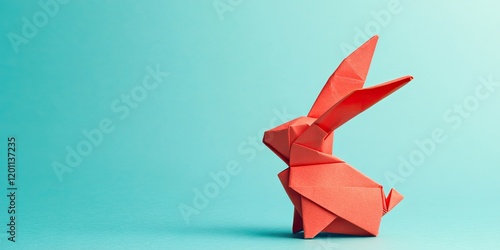 Red origami rabbit positioned on the left against a soft aquamarine background symbolizing the Chinese Year of the Rabbit and Easter celebrations photo