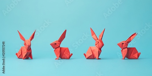 Fototapeta Naklejka Na Ścianę i Meble -  Red origami rabbits arranged from left to right on a solid blue background symbolizing Chinese New Year and Easter celebrations in playful design.