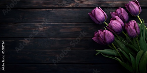 Vibrant purple tulips arranged on a dark wooden backdrop with ample space for text on the left side creating a striking contrast and depth