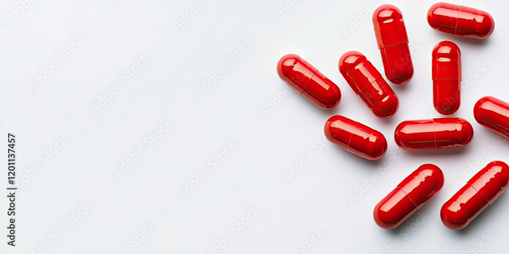 Red capsules scattered on a white background with ample negative space for text featuring selective focus on vibrant red pills Red capsules scattered on a white background with ample negative space for text featuring selective focus on vibrant red pills