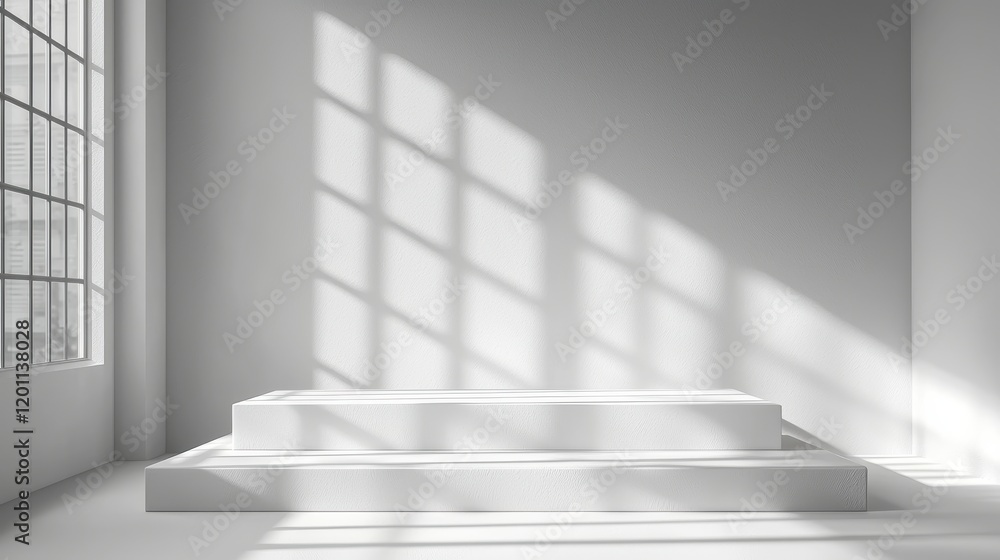 Fototapeta premium Minimalist white platform in sunlit room.