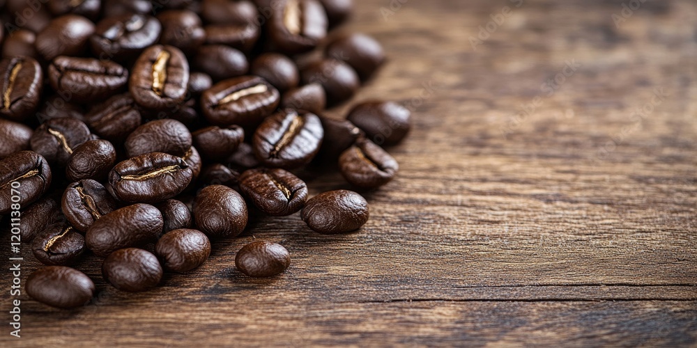 Roasted coffee beans scattered on a rustic wooden table with a warm brown color palette creating an inviting backdrop for coffee-related themes Roasted coffee beans scattered on a rustic wooden table with a warm brown color palette creating an inviting backdrop for coffee-related themes