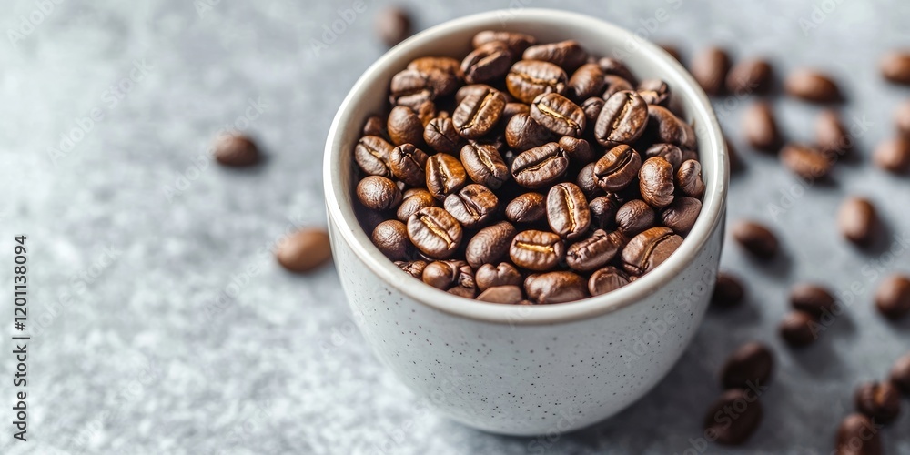 Fototapeta premium Roasted coffee beans in a white cup positioned center on a textured gray background with scattered beans creating a cozy, vintage ambiance.