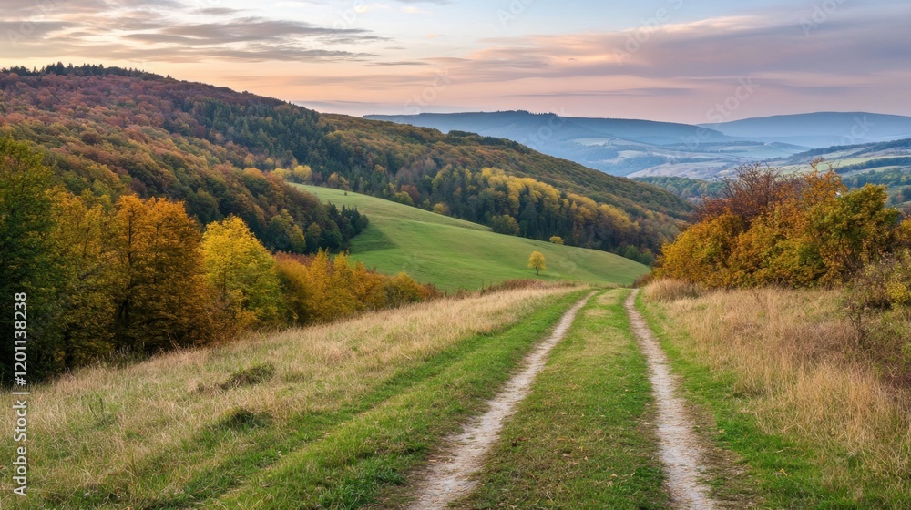 Fototapeta premium A quiet trail through a forested mountain slope, glowing softly under the early morning sky
