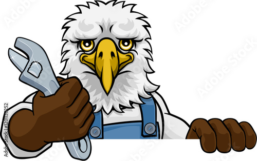An eagle cartoon animal mascot plumber, mechanic or handyman builder construction maintenance contractor peeking around a sign holding a spanner or wrench