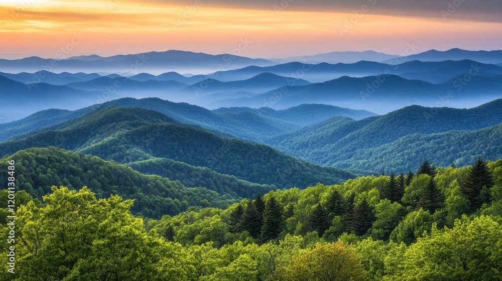 Fototapeta premium A scenic mountain view with layers of misty peaks glowing softly as the sun rises