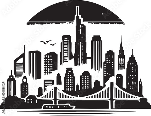 Black Color City Silhouette Vector Illustration, Solid White Background