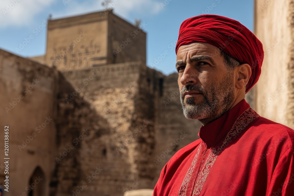 Naklejka premium A man wearing a red fez gazes thoughtfully while standing close to an ancient mosque, rich in history and surrounded by old stone walls and structures under a clear sky