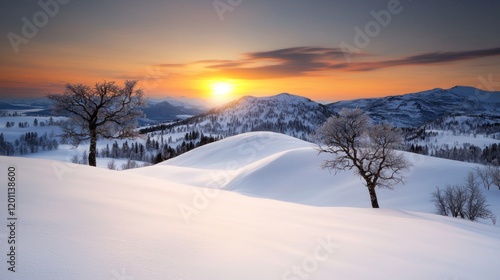 Wallpaper Mural Serene winter landscape at sunset with snow-covered hills. Torontodigital.ca