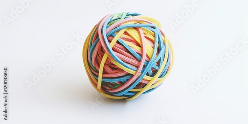 Colorful rubber band ball on a smooth white surface symbolizing creativity and time management with vibrant pink, blue, yellow, and green bands. photo