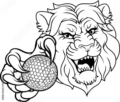 A lion with golf ball sports team cartoon animal mascot