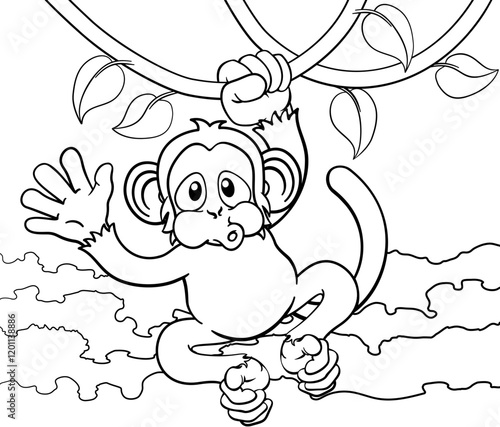 A monkey cartoon character singing on jungle vines and waving