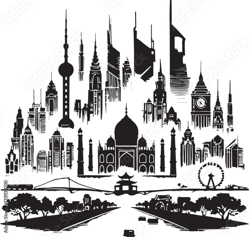 Black Color City Silhouette Vector Illustration, Solid White Background