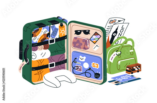 Composition of open full suitcase with clothes, travel items. Concept of tourism. Hand luggage for journey to London. Baggage, bag for trip, tour. Flat isolated vector illustration on white background