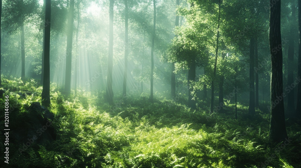 Fototapeta premium Light filtering through trees creates a mystical atmosphere in a lush forest during early morning hours