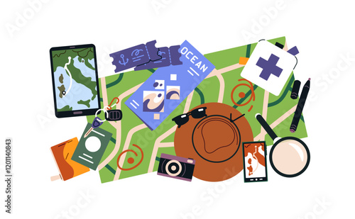 Concept of travel abroad, voyage, tourism. Digital and paper maps with journey destination. Trip items, tickets for cruise. Composition of ocean tour things. Flat isolated vector illustration on white