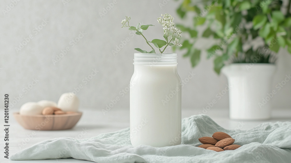 Almond Milk in Jar: A refreshing glass jar filled with creamy almond milk sits on a soft teal linen, accompanied by a bowl of almonds and a sprig of delicate white blossoms. Almond Milk in Jar: A refreshing glass jar filled with creamy almond milk sits on a soft teal linen, accompanied by a bowl of almonds and a sprig of delicate white blossoms.