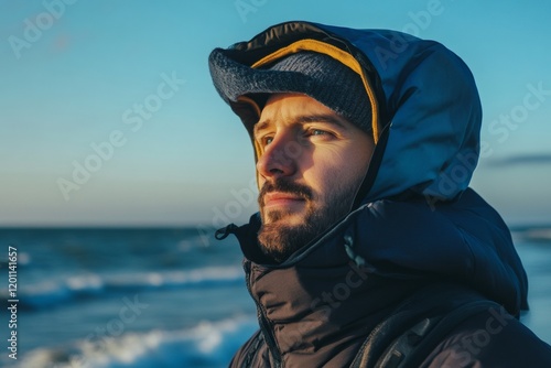 A man stands confidently at the seashore, adorned in a windproof hat, gazing thoughtfully towards the horizon photo