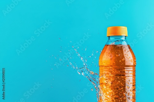 A vibrant image of a splash of orange liquid from a bottle against a bright blue background, creating a refreshing and dynamic visual.