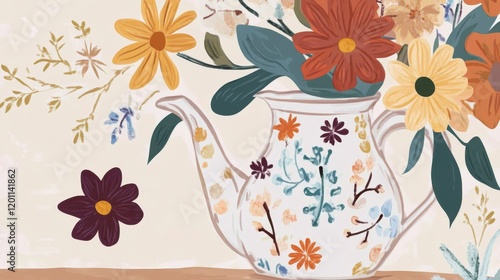 Rustic Floral Teapot Art: A Vibrant Autumn Floral Arrangement