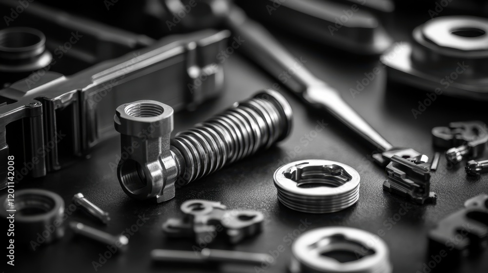 Close-up of engine pistons and crankshaft on a black surface with scattered tools Close-up of engine pistons and crankshaft on a black surface with scattered tools
