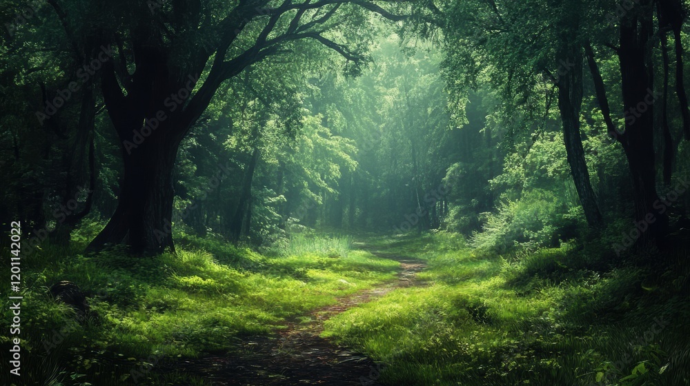 Obraz premium Sunlight filters through trees, illuminating a serene forest path in a lush green landscape