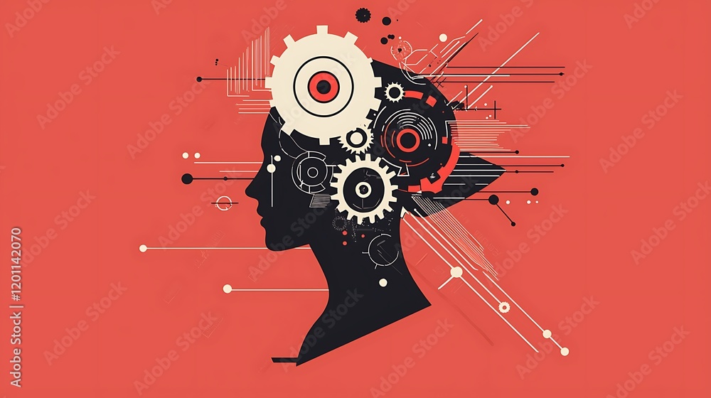 Obraz premium Thinking. A brain with gears is shown in a silver color