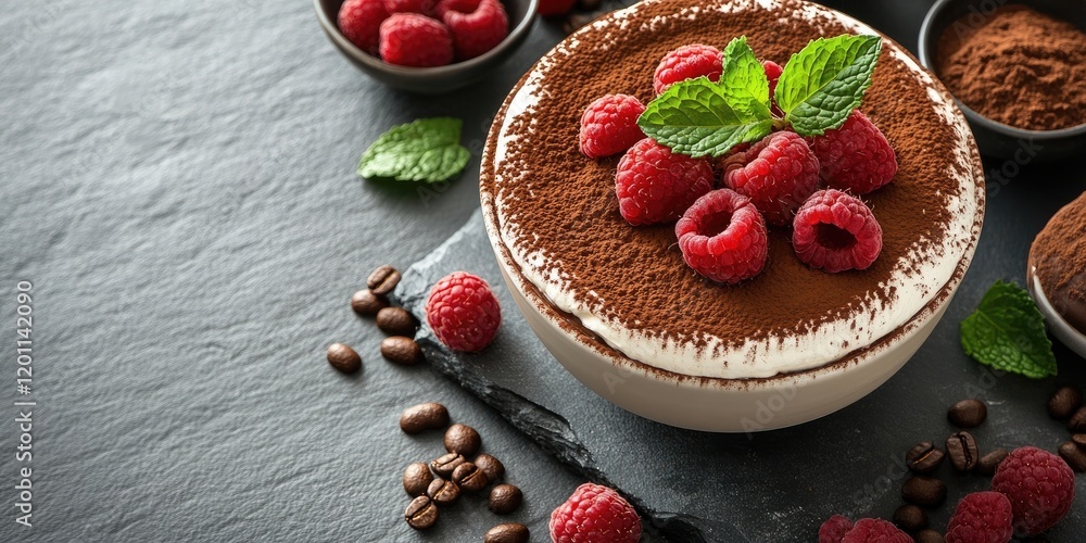 Tiramisu dessert plated in a white bowl topped with raspberries and mint leaves on a grey stone backdrop with coffee beans and cocoa powder scattered around Tiramisu dessert plated in a white bowl topped with raspberries and mint leaves on a grey stone backdrop with coffee beans and cocoa powder scattered around