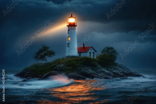 a  lighthouse standing tall amidst a raging storm- on a small island. The lighthouse's strong bright- warm light cuts through the dark- foreboding atmosphere- its beam piercing the veil of mist. photo