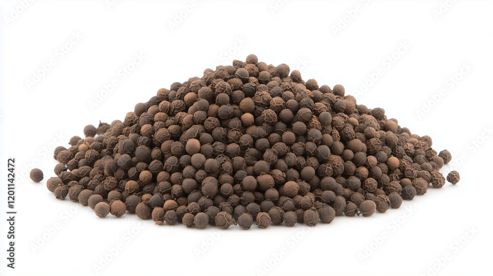 Black Peppercorns Close-Up: A heap of dark, glossy black peppercorns, arranged in a rustic, natural mound, capture the essence of this classic culinary spice, ready to add a spicy kick to any dish. Black Peppercorns Close-Up: A heap of dark, glossy black peppercorns, arranged in a rustic, natural mound, capture the essence of this classic culinary spice, ready to add a spicy kick to any dish.