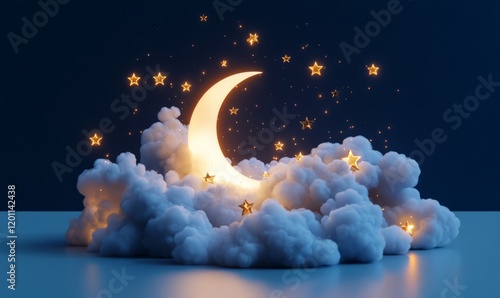 Golden crescent moon with stars and fluffy clouds on dark night sky background