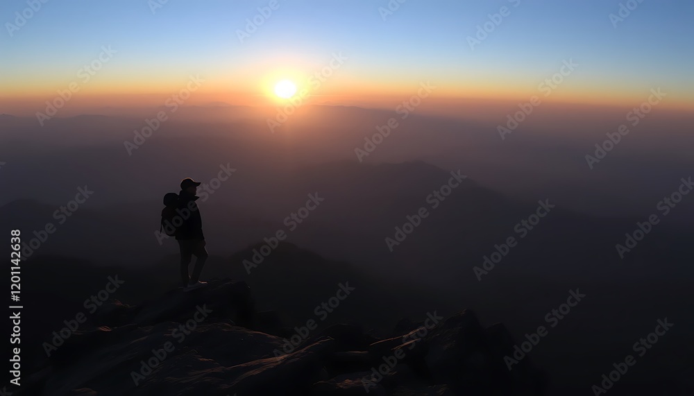 Hiker Silhouetted Against Sunrise Over Mountain Ranges Hiker Silhouetted Against Sunrise Over Mountain Ranges