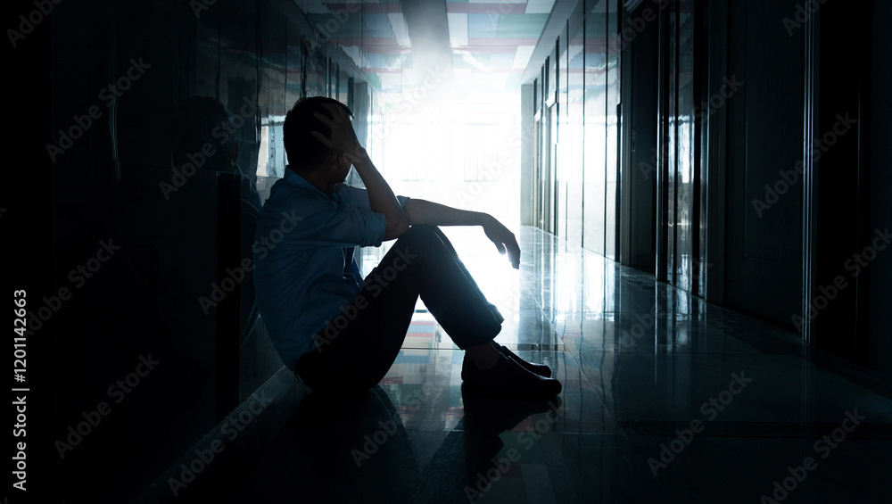 Depressed man sitting on the hallway floor Depressed man sitting on the hallway floor