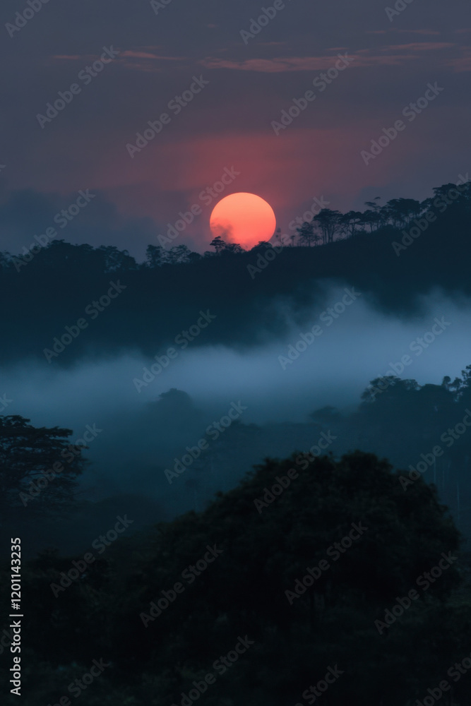 A stunning sunset over a mist-covered forest, casting vibrant hues of orange and purple across the sky. A stunning sunset over a mist-covered forest, casting vibrant hues of orange and purple across the sky.
