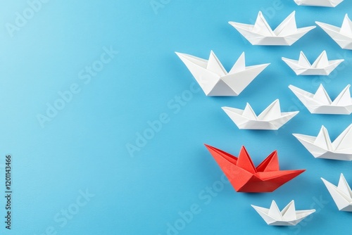 Group of white paper ship in one direction and one red paper ship pointing in different way on blue background. Business for innovative solution concept., Generative AI photo