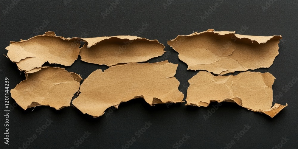 Brown torn cardboard pieces arranged irregularly on a dark black background showcasing texture and depth in a creative layout. Brown torn cardboard pieces arranged irregularly on a dark black background showcasing texture and depth in a creative layout.