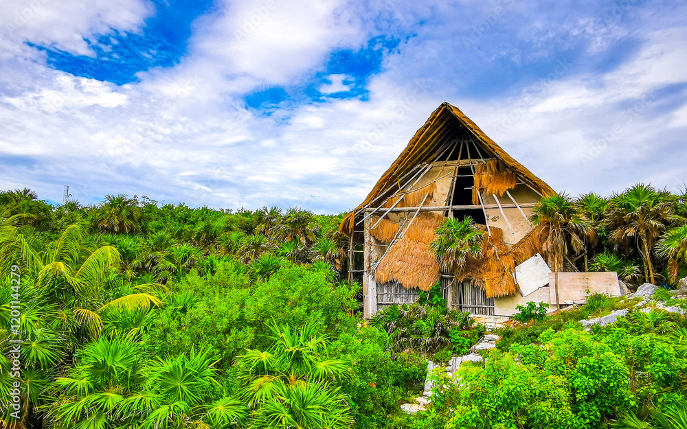 Wooden maya hut in the green tropical jungle in Mexico. Wooden maya hut in the green tropical jungle in Mexico.