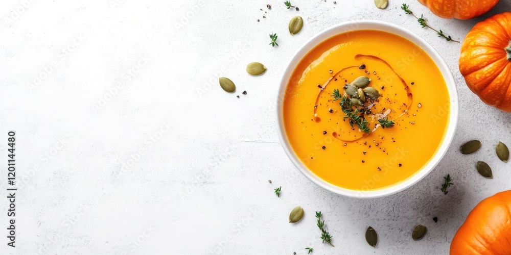 Pumpkin soup in a white bowl garnished with thyme and pumpkin seeds surrounded by organic pumpkins on a light background with copy space Pumpkin soup in a white bowl garnished with thyme and pumpkin seeds surrounded by organic pumpkins on a light background with copy space