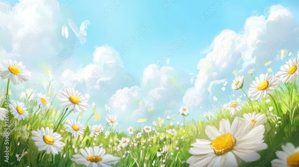 Bright daisies bloom in a serene meadow under a clear blue sky filled with fluffy clouds during a sunny day Bright daisies bloom in a serene meadow under a clear blue sky filled with fluffy clouds during a sunny day