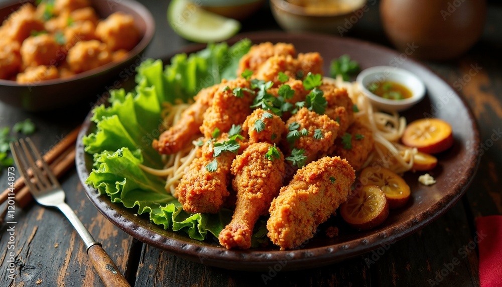 A meticulously styled presentation of Ayam Goreng. A meticulously styled presentation of Ayam Goreng.