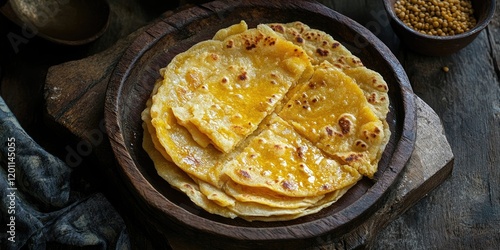 Traditional Indian Puran Poli flatbread with golden yellow filling served on a rustic wooden platter with dark background and textured fabric. photo