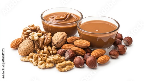 Two glass bowls of nut butter with assorted nuts almonds, walnuts, hazelnuts.