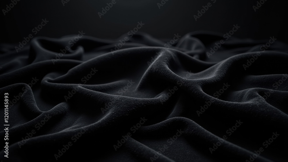 A tantalizing glimpse of silken black fabric, its intricate wrinkles dancing in shadow against an abyssal backdrop, exuding elegance and mystery A tantalizing glimpse of silken black fabric, its intricate wrinkles dancing in shadow against an abyssal backdrop, exuding elegance and mystery