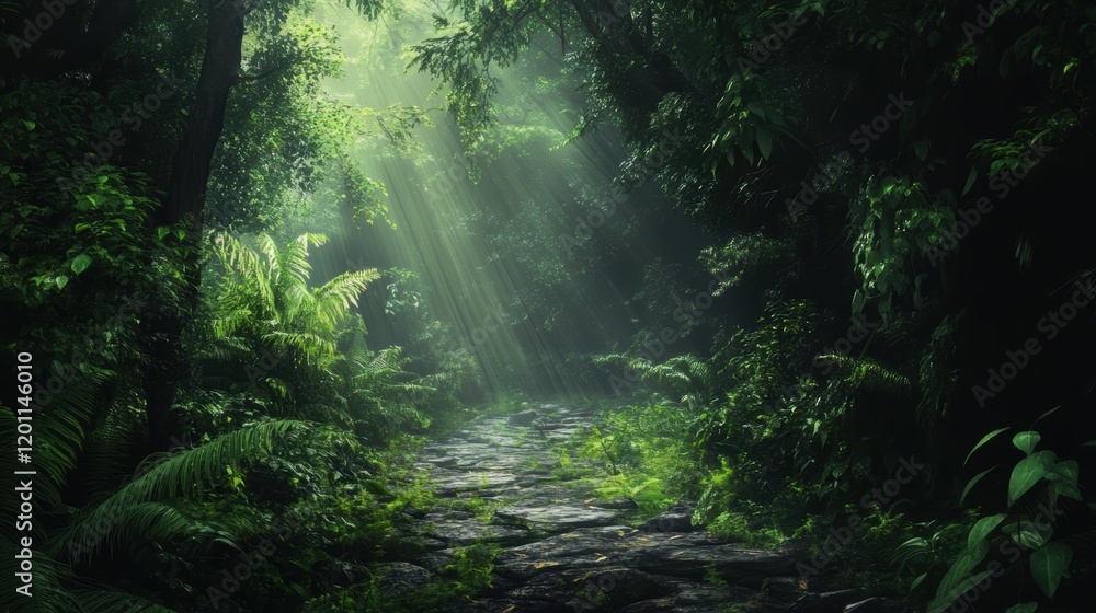 Fototapeta premium Sunlight filters through lush tropical forest creating a serene path illuminated by nature's beauty