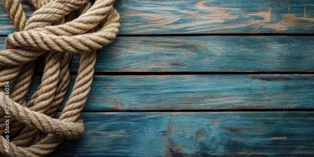 Fototapeta premium Coiled marine rope in natural fibers arranged on a rustic weathered blue wooden surface creating a textured background for nautical themes