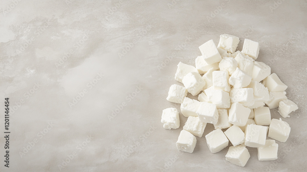Creamy Cube Delights: A pile of fresh, white, and creamy cheese cubes arranged on a clean, gray surface. The cubes are evenly spaced, creating a visually appealing pattern. Creamy Cube Delights: A pile of fresh, white, and creamy cheese cubes arranged on a clean, gray surface. The cubes are evenly spaced, creating a visually appealing pattern.